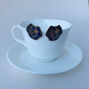Vintage Cloisonne Floral Motif Royal Blue Clip-On